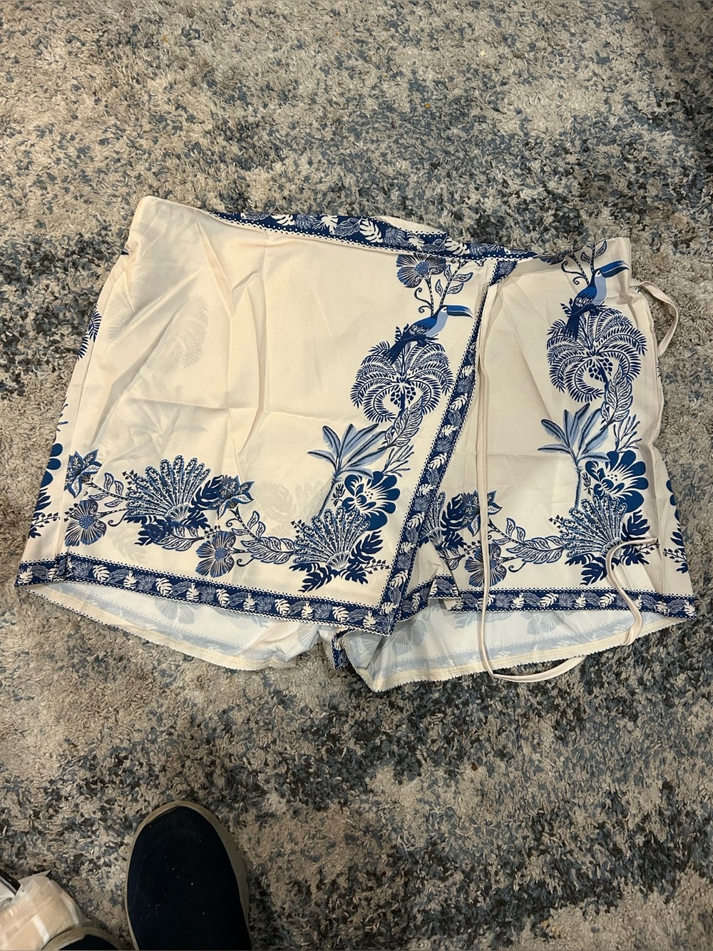 SHEIN White Wrap Skort with Blue Floral Border